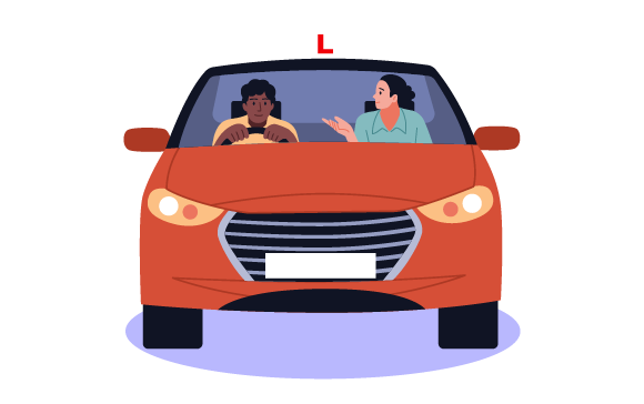 a learner driver receiving instruction from an instructor in a car using a driving lesson for beginners