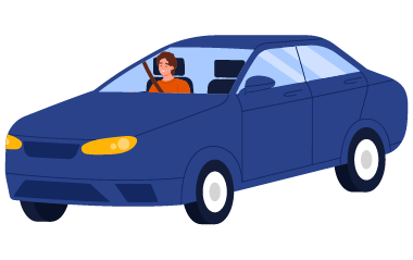 illustration of a blue car with a driver smiling inside showcasing modern vehicle features and driving experience