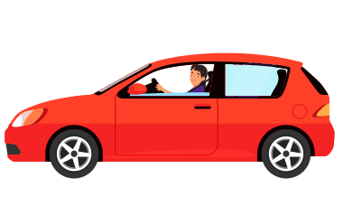 a red car with a person driving in a side view showcasing eight wheels and an inviting design
