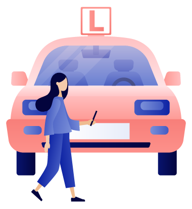 woman walking past a pink car with an L plate symbolizing learner drivers preparing for their 8 driving tests