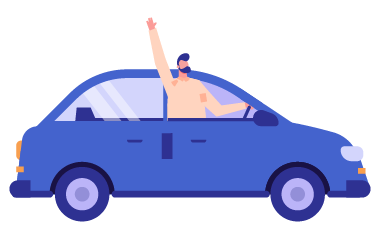 man in car waving with enthusiasm driving a blue vehicle enjoying the ride