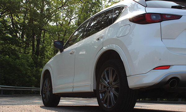 white SUV parked on a scenic road with trees in the background showcasing its stylish design and glossy finish highlighting features for six passengers