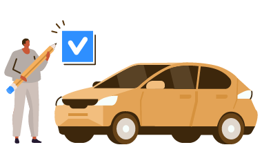 person checking car with large pencil showing blue check mark for two vehicle inspection approval